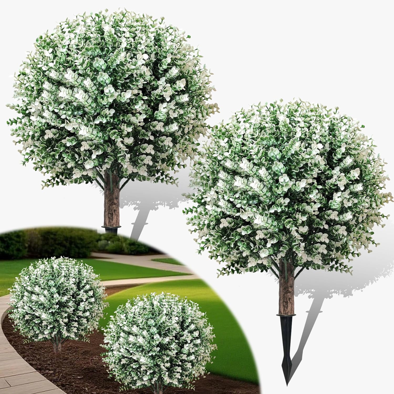 Artificial Boxwood Topiary Ball Trees, 2 Pack 24.5" Faux Plants, Bushes Shrubs Outdoor with Spike, UV-Resistant Fake Greenery for Planters, Porch, Garden, Home Office, Spring Decor – White