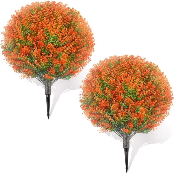 Artificial Boxwood Topiary Ball Trees: 2 Pack Fake Shrubs with Spike – UV Resistant & Fade Resistant, Faux Plant for Indoor Outside Front Porch Garden Thanksgiving Christmas Tree Decor 25.6"