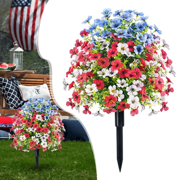 Artificial Boxwood Topiary Ball Trees with Ground Spike Artificial Red White and Blue Violet Flowers Faux Spike Plants Uv Resistant Fake Evergreen Tree for Independence Day Decor (23.62 Inch)