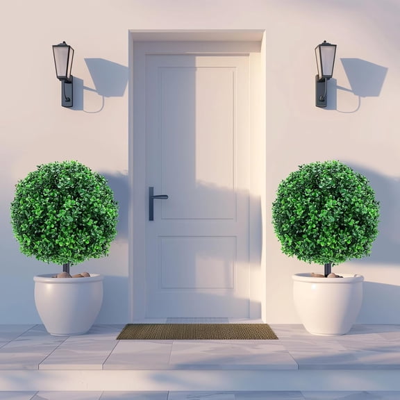 Artificial Boxwood Topiary Ball Trees with Ground Spikes Resistant Faux Greenery Shrubs Fake Shrubs for Outdoors, Realistic Bushes for Garden Porch Yard Decor (Green Boxwood)