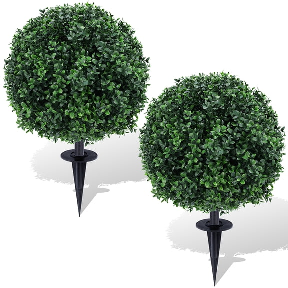 Artificial Boxwood Topiary Ball Trees with Ground Spikes Stakes UV Resistant Realistic Faux Greenery Shrubs Plants for Outdoors Garden Porch Yard Patio Decor