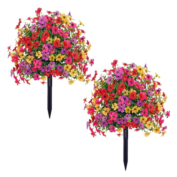 Artificial Boxwood Topiary Ball with Violet Flowers with Ground Spikes,UV Resistant Faux Greenery Shrubs