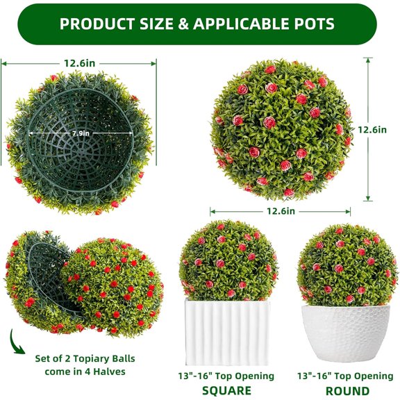 Artificial Boxwood Topiary Balls Set - Realistic Faux Greenery Spheres with Blooms - No Maintenance UV Protected Decor for Home Garden Patio