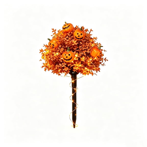 Artificial Boxwood Topiary Bushes for Outdoor, 20 inch Hallow Decoration Faux Pumpkin Shrubs with Ground Spike, Fall Orange Faux Outdoor Plants for Indoor & Outdoor Garden, Yard, Porch, Patio