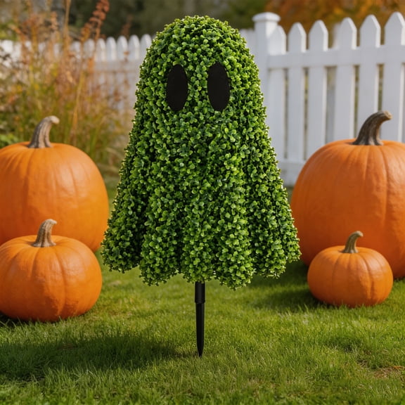 Artificial Boxwood Topiary Tree 27.6" Ghost Faux Topiary Trees, Waterproof Fake Boxwood Plants Outdoor Indoor, All-Weather Potted for Porch Patio Garden Entryway Home Halloween Decor