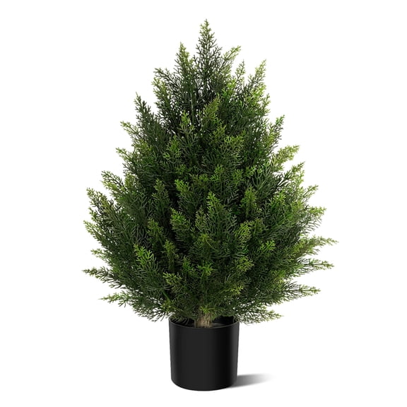 Artificial Boxwood Topiary Tree 2ft, Faux Cedar Pine Shrub Bush for Wedding Party Office Desk Front Porch Landscape, Green