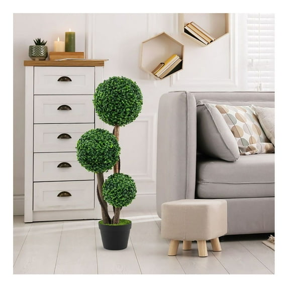 Artificial Boxwood Topiary Tree - 36 Inch Greenery, 3 Balls in Pot - Indoor Outdoor Home Office Wedding Decor, UV Resistant, No Maintenance, Stable Base