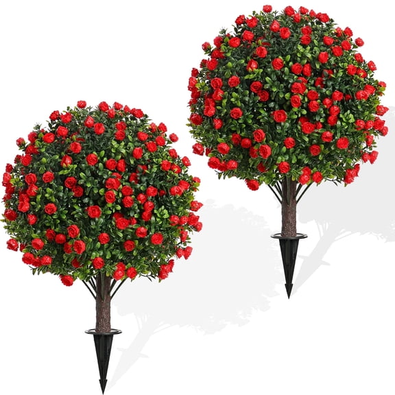 Artificial Boxwood Topiary Trees with Rose for Indoor Outdoor Porch & Planters 2-Pack UV Resistant