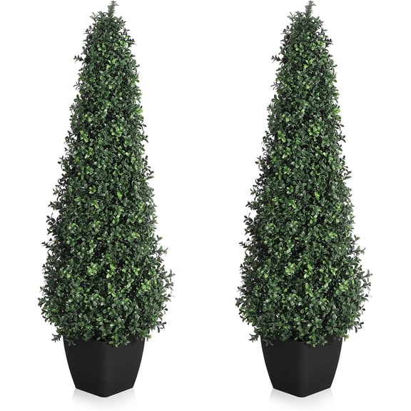 Artificial Boxwood Topiary Trees - Cone Shape Fake Plant with Modern Black Planter-3FT Faux Outdoor Plants for Indoor Front Porch Plants Set of 2 Decor Decorative Fruit Pot Ornaments