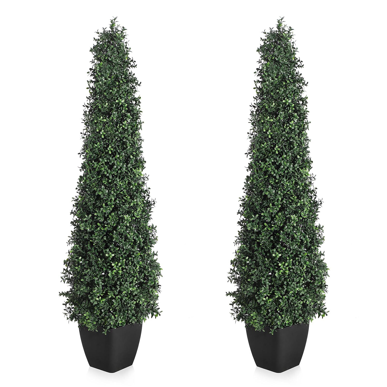 Artificial Boxwood Topiary Trees - Cone Shape Fake Plant with Modern Black Planter, 5FT Faux Outdoor Plants for Indoor Front Porch Plants Set of 2