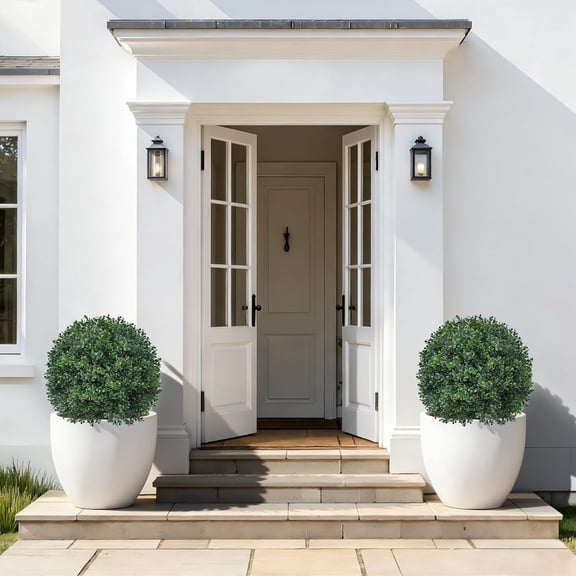 Artificial Boxwood Topiary Trees with Ground Spike, 2 Pieces Fake Pine Shrubs Bushes, Resistant Faux Cypress Tree Plants for Indoor Outdoor Planters Front Porch