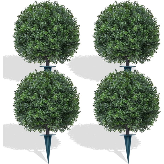 Artificial Boxwood Topiary Trees with Ground Spike 4 Piece Set UV Resistant Faux Evergreen Cypress for Indoor Outdoor Planters Porch Green