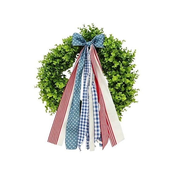 Artificial Boxwood Wreath with American Flag Bow Sash Patriotic 4th of July Decorations Indoor Outdoor Spring Summer Greenery Wreaths for Independence Day Party Home Decor,17.72 in(B)