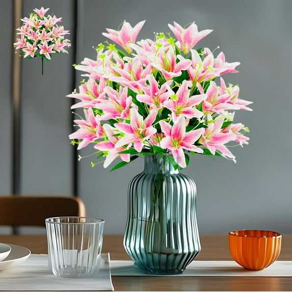 Artificial Breath Flowers, 18 Heads Pink Lilies Bouquet, Realistic Silk Plastic Home Decor, Wedding Party Office Decoration, 16.5x16.5x21.3 Inches