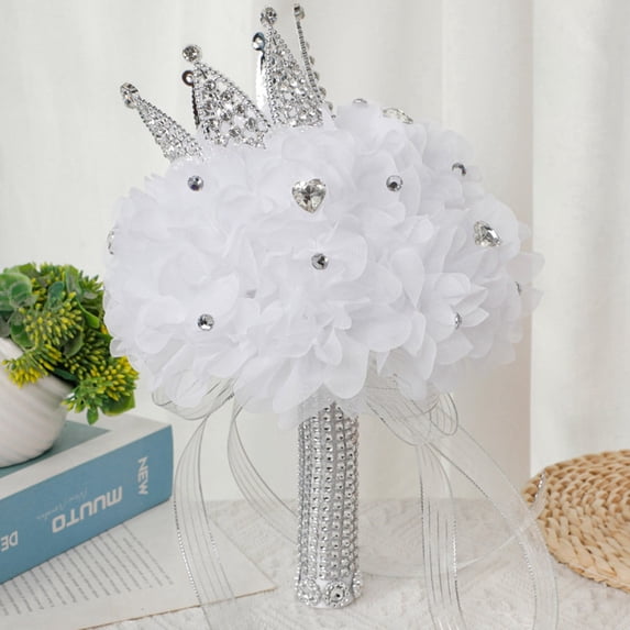 Artificial Bridal Bouquet for Wedding Decorations with Crown and Diamonds, Artificial Roses Flowers Wedding Bouquets for Bride Bridesmaid Bouquets for Wedding