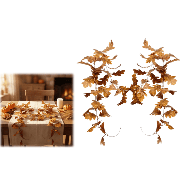 Artificial Brown Leaf Garland Set, Oak Leaf Vine Rattan Branch Decoration, Fall Leaves Garland for Indoor Outdoor Home Decor