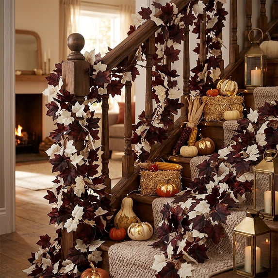 Artificial Brown Maple Garland with Fall Leaves, Autumn Vine for Thanksgiving Farmhouse Fireplace Decor
