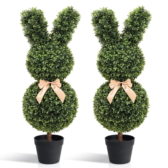 Artificial Bunny-Shaped Topiary Tree, 35 Inch Outdoor Faux Boxwood Topiary Plant, Fake Rabbit Bushes UV-Resistant Trees for Indoor Front Porch Garden Patio Decor (2 Pack)