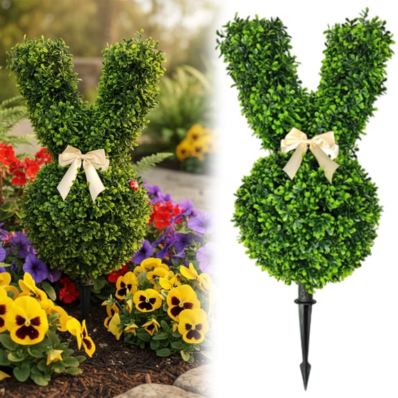 Artificial Bunny-Shaped Topiary Tree with Ground Spike, UV-Resistant Bowknot Faux Boxwood Topiaries Plant for Porch Decor Outdoor/Indoor Easter Decorations 21.6 Inch