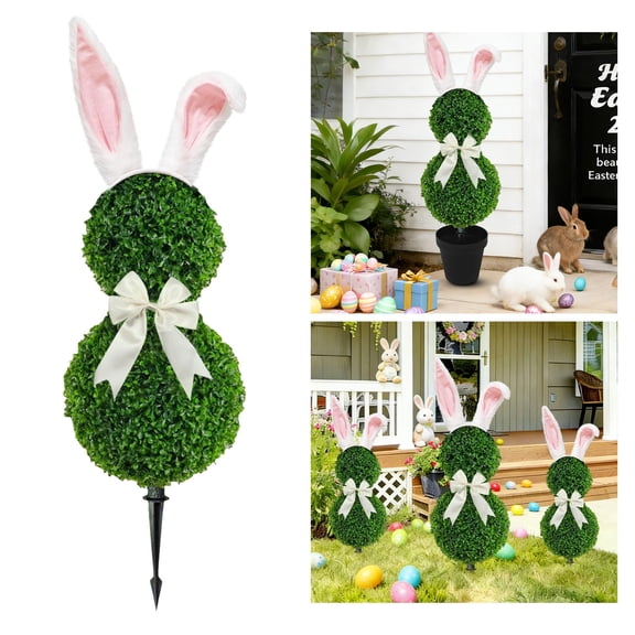 Artificial Bunny Topiary 26in Bunny Shaped Topiary Trees Easter Decor Weather Resistant Boxwood Rabbit Shaped with Ground Spike Options for Outdoor Indoor Porch Home Garden(D)