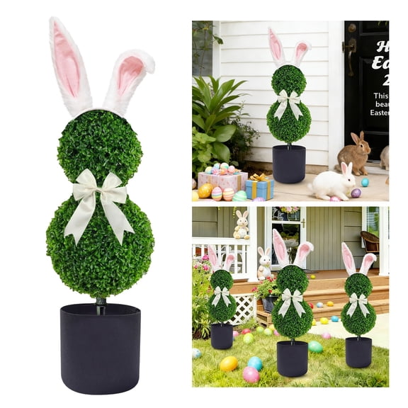 Artificial Bunny Topiary 35in Bunny Shaped Topiary Trees Easter Decor Weather Resistant Boxwood Rabbit Shaped with Pot & Ground Spike Options for Outdoor Indoor Porch Home Garden(E)