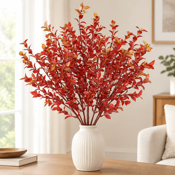 Artificial Burgundy Eucalyptus Stems 26.7" Fall Fake Leaf Branches for Floral Arrangements, Red Faux Autumn Plant Farmhouse Decor, Home Wedding Decorations