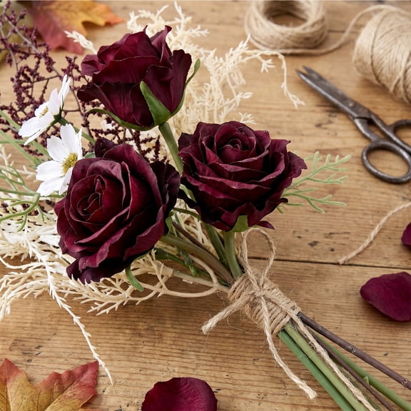 Artificial Burgundy Rose Daisy Bouquet Fall Floral Arrangement Faux Silk Flower Stem Bundle Thanksgiving Table Centerpiece Vase Decor Rustic Farmhouse Home Decoration Autumn Floral Accent