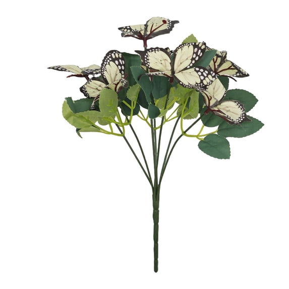 Artificial Butterfly Branches For Outdoor 11.8inch Plants With Green Leaves 7 Butterflies Faux Floral Arrangements For Spring Summer Home Garden Porch Window Box Home Decor, 1Pc(White,11.8x7.12")