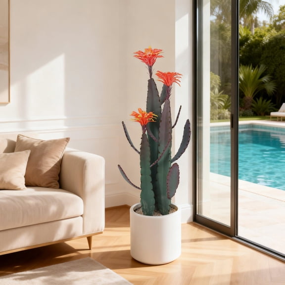 Artificial Cactus Plant, Tall UV Resistant Faux Cactus Plant, Realistic Texture Tall Fake Plant, Faux Desert Cacti Potted Plant with Planter for Home Garden Office Indoor Outdoor Decoration