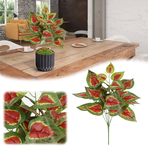 Artificial Caladium Bush with Red Vein Pattern Faux Tropical Greenery for Home Living Room Office Desktop Vase Arrangement Seven Headed Red Perilla Simulation Green Plant 1Pcs
