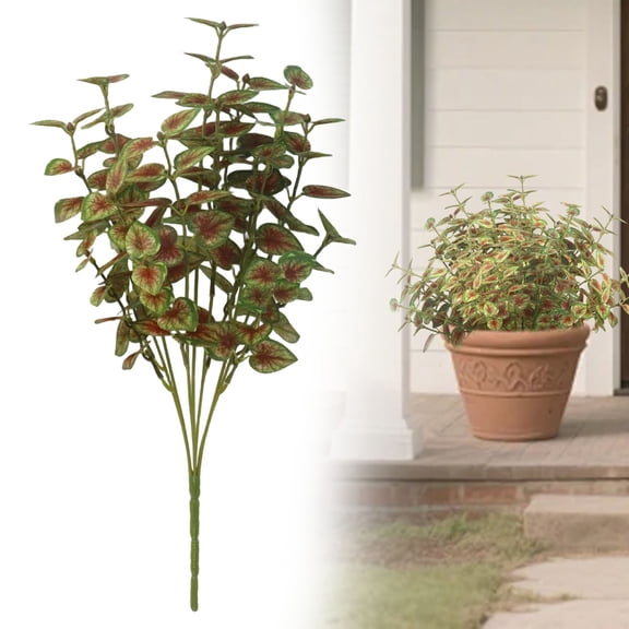 Artificial Caladium Plant Decor, 7 Fork Pink Green Foliage Design, Outdoor Front Porch Patio Display, No Fade Plastic Greenery Accent, Planter Garden Ornament