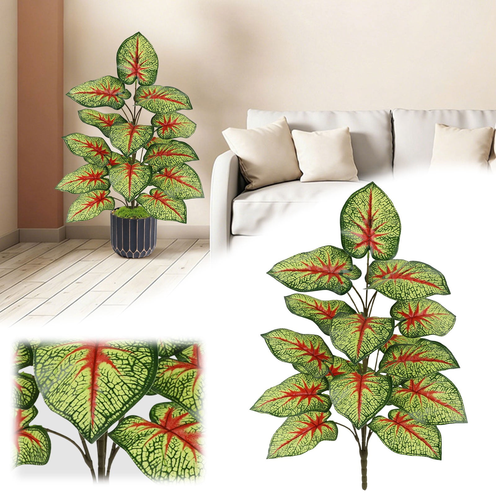 Artificial Caladium Plant Faux Red Heart Variegated Tropical Houseplant Realistic No Maintenance for Indoor Living Room Outdoor Patio Home Decor Fake Tropical Plants 25.6 Inch 1Pcs