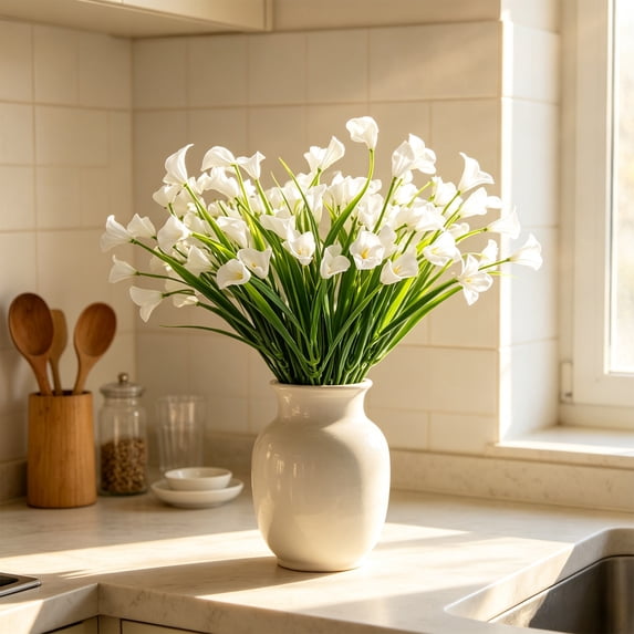 Artificial Calla Lily Faux Silk Flowers With Green Leaves Plastic Stem Realistic Bouquet For Home Wedding Vase Centerpiece,White