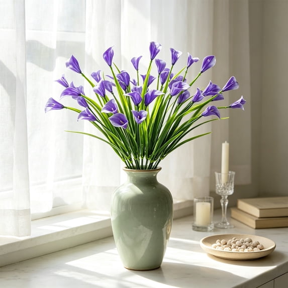 Artificial Calla Lily Flower Stems, Faux Silk Calla Lilies with Green Leaves Bendable Plastic Core, Lifelike Bouquet No Watering Needed, for Home Wedding Office Vase Centerpiece Display Use