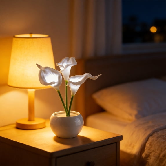 Artificial Calla Lily LED Night Lamp with White Vase,Simulation Flower Bedside Table Lamp for Bedroom,Living Room,Home Desktop Decor