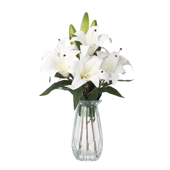 Artificial Calla & Tiger Flora Flowers Arrangement with Glass Vase – 6 Real Touch Lilies & 3 Buds – Long Stem Faux Centerpiece for Home, Wedding, Office, Party – Pure White