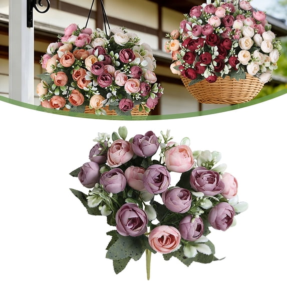 Artificial Camellia Bud Bouquet 15 Heads Faux Tea Rose Peony Flowers For Wedding Party Home Vase Centerpiece Dining Table Living Room Holiday Decor,1 Bundle,Purple