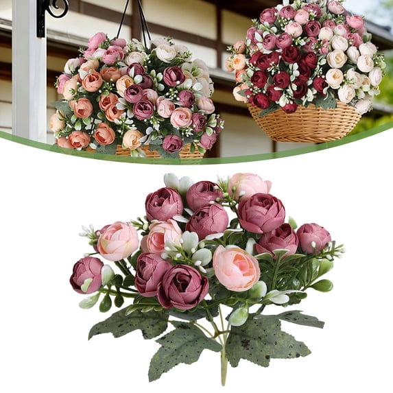 Artificial Camellia Bud Bouquet 15 Heads Faux Tea Rose Peony Flowers For Wedding Party Home Vase Centerpiece Dining Table Living Room Holiday Decor,1 Bundle,Dark Pink