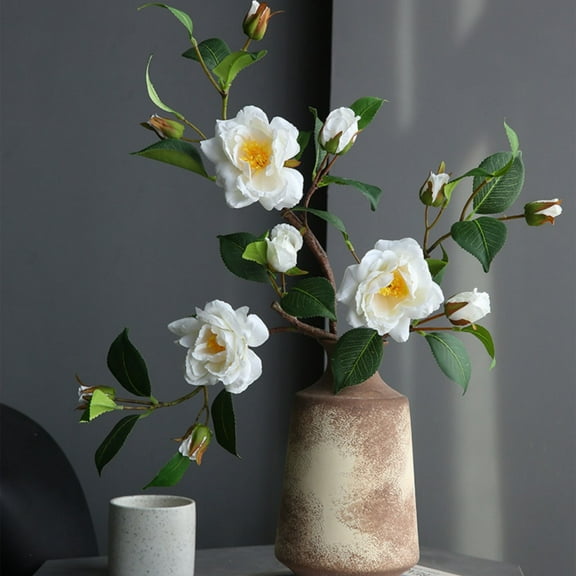 Artificial Camellia Flower Decorations - for Christmas, 2026 & Winter Festive Decor & Gifting, Realistic Faux Flowers for Bedroom Decor, Holiday Gift for Partners, Floral Ornament, 20.47in, White