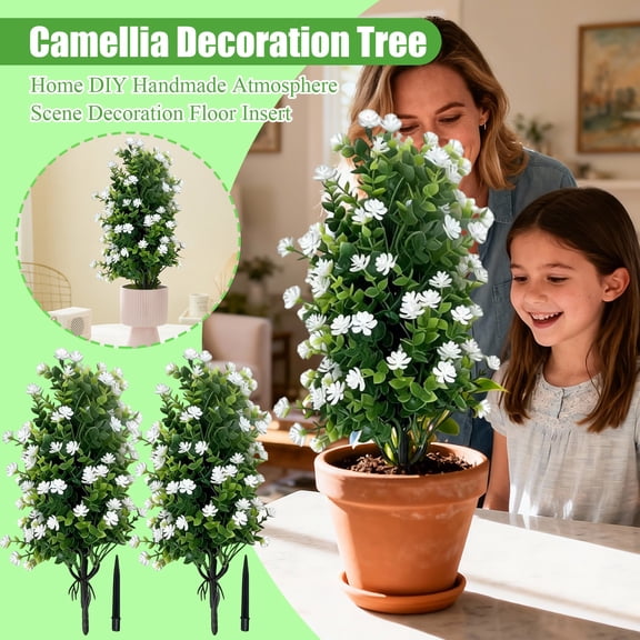 Artificial Camellia Mini Tree 45cm with Ground Stake Handmade DIY Scene Decor for Home Display Arrangement