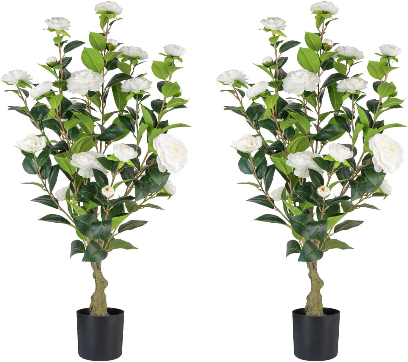 Artificial Camellia Tree 2 Pack, 3FT Faux Camellia Plant in Pot, 36 inch Fake Potted Camellia Flower Tree Plastic Camellia Tree for  Office Living Room Floor, Christmas, Decor Indoor, White