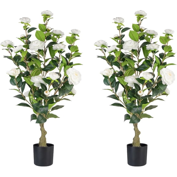 Artificial Camellia Tree 2 Pack, 3FT Faux Camellia Plant in Pot, 36 inch Fake Potted Camellia Flower Tree Plastic Camellia Tree for  Office Living Room Floor, Christmas, Decor Indoor, White