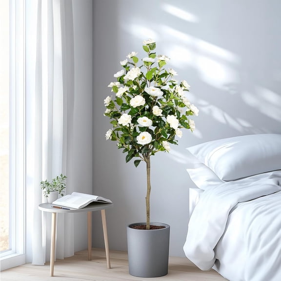 Artificial Camellia Tree 2 Pack, Artificial Plants Outdoor Faux Floral Plant in Cement Pot Fake Silk Camellia Tree Plants for Home House Living Room Office Decor