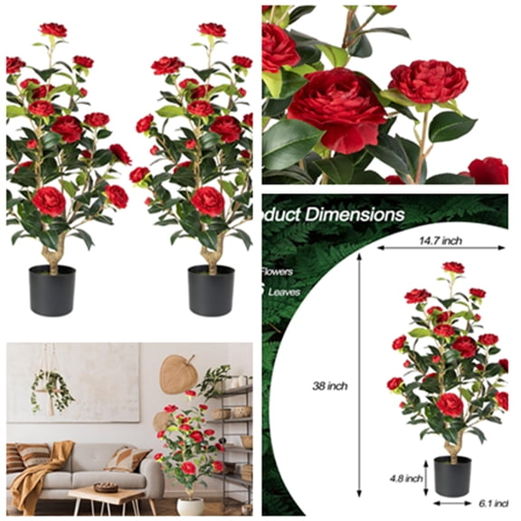 Artificial Camellia Tree 2 Pack - Realistic Camellia Plants in Pot with Red Flowers, Lifelike Faux Greenery for Living Room, Patio, or Wedding, Red