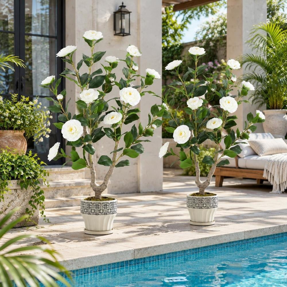 Trunking Base Artificial Camellia Tree, 36 Inch Height, White Blooming Flowers, 2 ...
