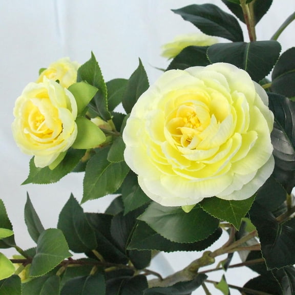 Artificial Camellia Tree 4FT Faux Plant Indoor Outdoor Realistic Yellow Decor for Home Office Living Room Porch Garden Housewarming Gift