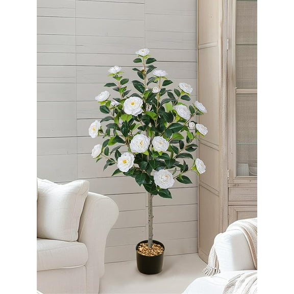 Artificial Camellia Tree, 32 Blooming Flowers, White, Winter Christmas, Indoor Decor