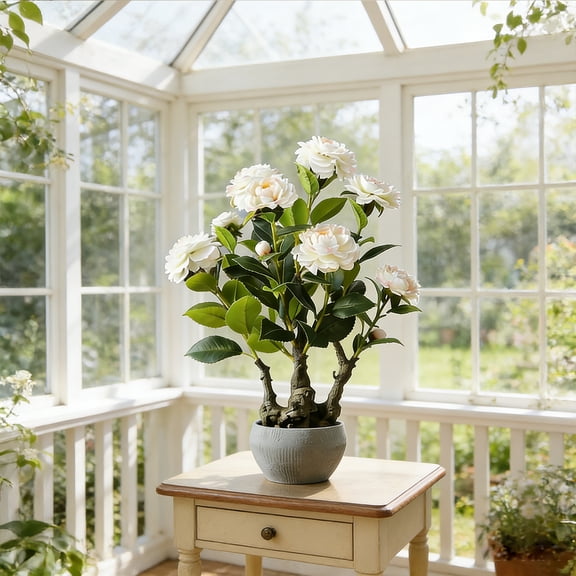 Artificial Camellia Tree Faux Plastic Flower Plant Artificial Tree with Plastic Planter for Home Office Living Room Bedroom Indoor Tabletop Desk