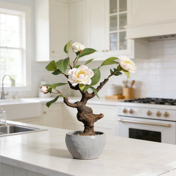 Artificial Camellia Tree Faux Plastic Leaves Plant Faux Flower Plant with Plastic Planter for Home Office Living Room Bedroom Indoor Tabletop Desk