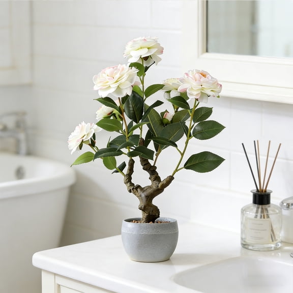 Artificial Camellia Tree Faux Plastic Leaves Plant Faux Light Pink Flower Plant with Plastic Planter for Home Office Living Room Bedroom Indoor Tabletop Desk